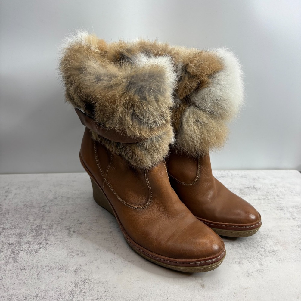 Y2K Manas Marta Leather Wedge Boots 38 Brown Rabbit Fur Trim Luxury Boho